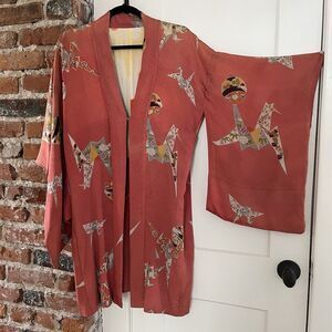 Vintage 50s-60s Handmade Pink Origami Paper Crane Kimono Haori Silk Wrap